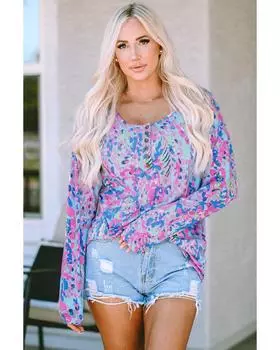 Azura Exchange Printed Wide Neck Thumbhole Sleeve Henley Top XL разноцветный