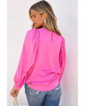 Azura Exchange Блузка с круглым вырезом и рукавами-фонариками XL розовый