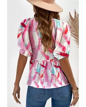 Azura Exchange Puff Sleeve Peplum Top with Abstract Print M розовый