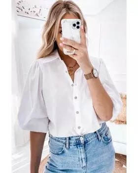 Azura Exchange Рубашка с рукавами-фонариками и отложным воротником L белый