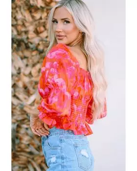 Azura Exchange Puff Sleeve Smock Peplum Blouse M оранжевый