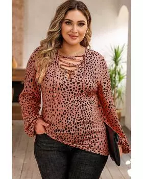 Azura Exchange Топ с леопардовым принтом и шнуровкой, рукавами-фонариками и V-образным вырезом 3X леопардовый