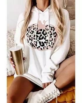 Azura Exchange Pumpkin Leopard Hooded Sweatshirt Dress M белый