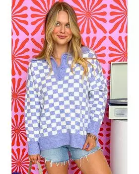 Azura Exchange Purple Checkered Collared Buttons Plus Size Sweater 2X фиолетовый