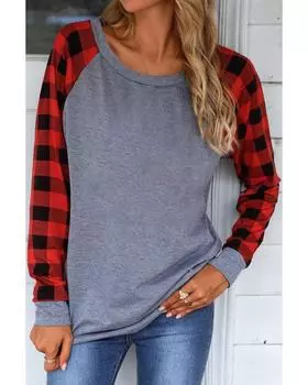 Azura Exchange Raglan Plaid Long Sleeve Top L красный