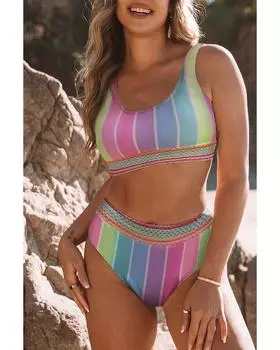 Azura Exchange Купальник бикини в радужную полоску с шевронной ажурной отделкой M розовый