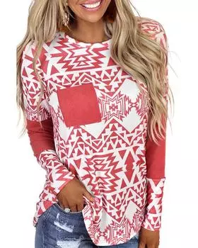 Azura Exchange Красный топ с длинными рукавами и ацтекским принтом и карманами S красный