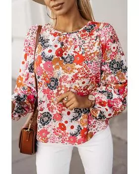 Azura Exchange Red Floral Crewneck Long Sleeve Blouse M красный