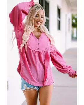 Azura Exchange Retro Frilled Seam Crinkle Puff Sleeve Blouse XL розовый