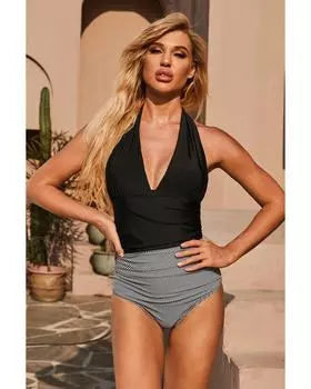 Azura Exchange Retro Stripe Halter Neck One-piece Swimsuit XL чёрный