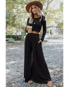 Azura Exchange Комплект из ребристого укороченного топа и длинных брюк L чёрный