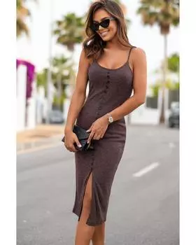 Azura Exchange Платье миди из трикотажного полотна с разрезом M коричневый