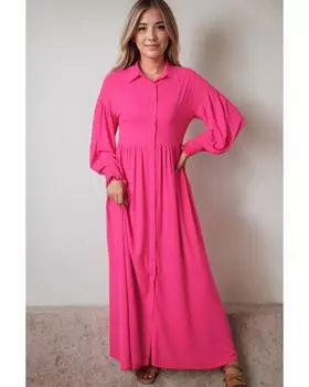 Azura Exchange Rose Bubble Sleeve Shirt Maxi Dress L ярко-розовый