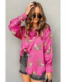 Azura Exchange Rose Cheetah Animal Print Button Up Satin Shirt S розы красного