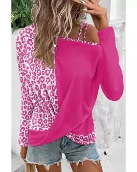 Azura Exchange Rose Contrast Leopard Asymmetric Cold Shoulder Crossed Hem Top M розы красного