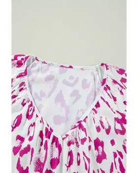 Azura Exchange Rose Leopard Print Ruched V Neck 3/4 Sleeve Blouse S ярко-розовый