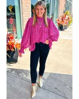 Azura Exchange Струящаяся блузка с леопардовым принтом и присборенными рукавами XL ярко-розовый