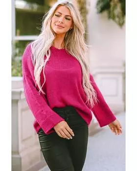 Azura Exchange Rose Loose Knitted V Neck Sweater L ярко-розовый