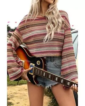 Azura Exchange Rose Red Ethnic Striped Wide Cropped Long Sleeve Top