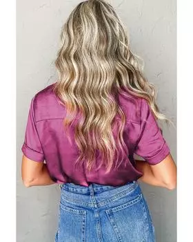 Azura Exchange Rose Red Fold Cuffs Short Sleeve Satin Shirt XL розы красного