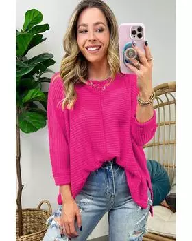 Azura Exchange Rose Red Textured Center Seam Long Sleeve Split Top XL розы красного