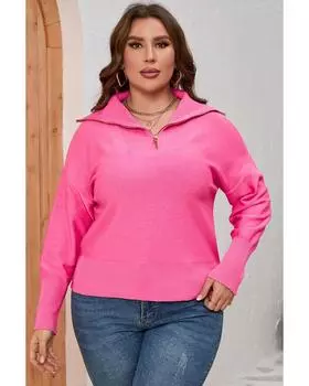Azura Exchange Rose Solid Ribbed Trim Plus Size Zip Collar Sweater 3X ярко-розовый