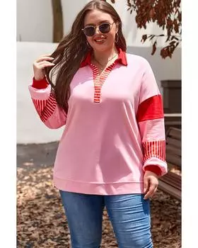 Azura Exchange Rose Striped Patchwork Side Split Collared Plus Size Sweatshirt 3X ярко-розовый