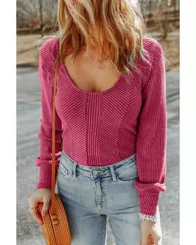 Azura Exchange Текстурированный топ с длинными рукавами и U-образным вырезом Rose L ярко-розовый