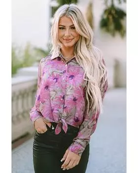 Azura Exchange Рубашка с цветочным принтом и рукавами-фонариками на пуговицах L фиолетовый