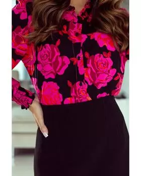 Azura Exchange Рубашка с цветочным принтом и присборенными манжетами L ярко-розовый