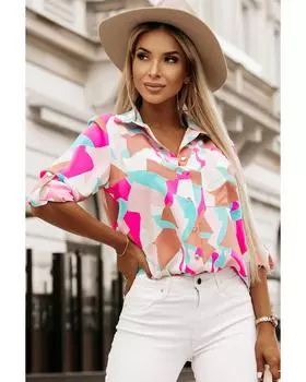 Azura Exchange Рубашка с геометрическим принтом и закругленными рукавами L розовый