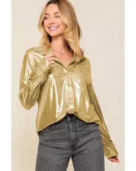 Azura Exchange Рубашка с нагрудным карманом и золотистым металлическим блеском M золотой