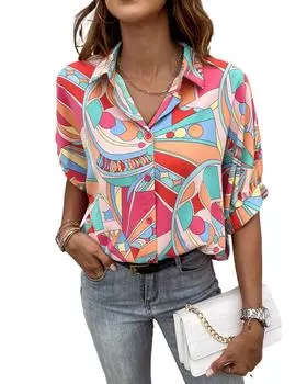 Azura Exchange Рубашка с полуфонариком и принтом в виде абстрактной геометрии S разноцветный