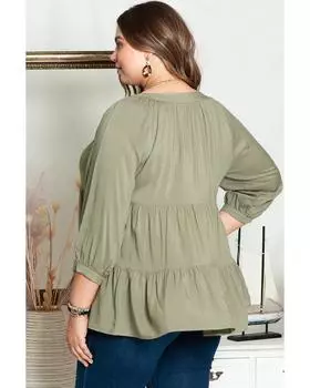 Azura Exchange Рубашка с разрезом на шее и оборками 2X зелёный