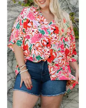 Azura Exchange Рубашка с рукавами-кимоно с цветочным принтом 1X ярко-розовый