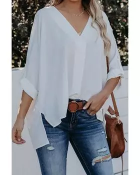 Azura Exchange Рубашка с V-образным вырезом, рукавом 3/4 и асимметричным подолом M белый