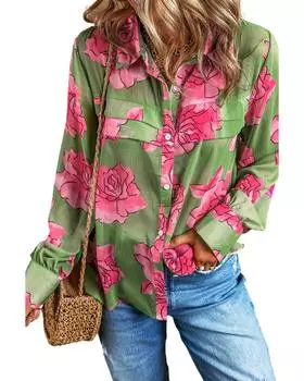 Azura Exchange Рубашка с зеленым цветочным принтом и плиссированными рукавами-фонариками S зелёный