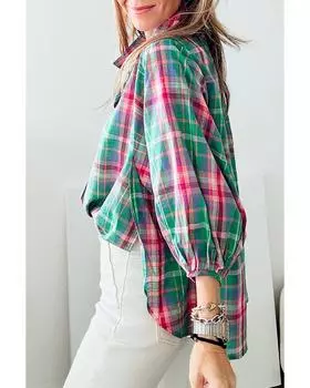 Azura Exchange Рубашка свободного кроя с рукавами 3/4 и воротником зеленого цвета в клетку M зелёный