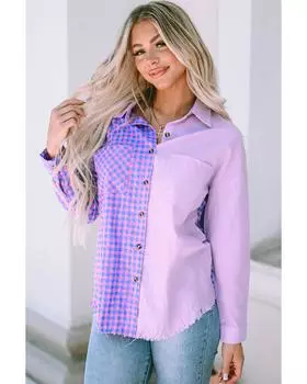 Azura Exchange Рубашка в клетку с длинным рукавом на пуговицах и нагрудным карманом M фиолетовый