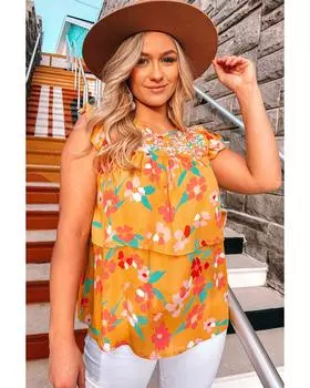 Azura Exchange Ruffle Cap Sleeve Floral Print Blouse M жёлтый