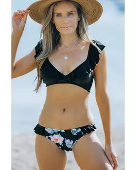 Azura Exchange Ruffle Detail Printed Bikini XL чёрный