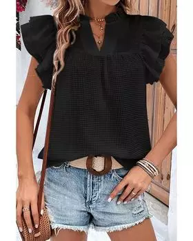 Azura Exchange Ruffle Flutter Sleeve Notch Neck Top XL чёрный