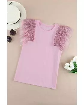 Azura Exchange Ruffle Mesh Sleeves Top S розовый