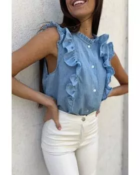 Azura Exchange Рубашка без рукавов с оборками L небесно-голубой