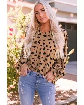 Azura Exchange Свободная блузка с оборками на манжетах L леопардовый