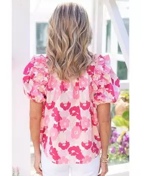 Azura Exchange Ruffled Floral Top with Split Neck and Puff Sleeves L розовый
