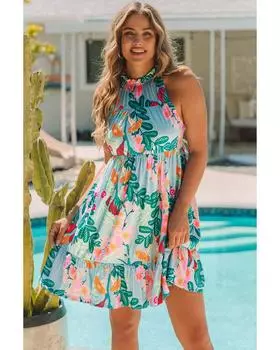 Azura Exchange Ruffled Mock Neck Mini Dress with Floral Print XL небесно-голубой
