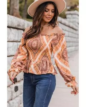 Azura Exchange Ruffled Smocked Off Shoulder Blouse L оранжевый