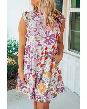 Azura Exchange Платье-майка с оборками и цветочным принтом L фиолетовый