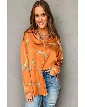 Azura Exchange Рубашка из сатина с принтом гепарда и животных на пуговицах L оранжевый/красно-желтовато-коричневый